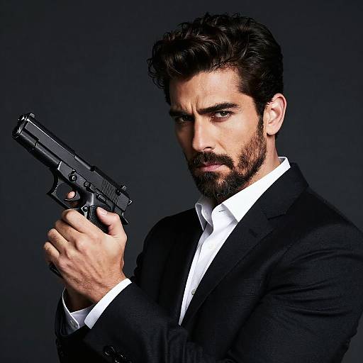 Confident Man Holding Pistol in Stylish Black Suit