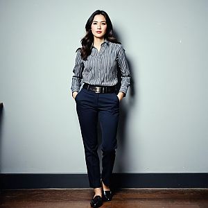 Confident Woman in Striped Shirt and Dark Trousers Standing Against Gray Wall