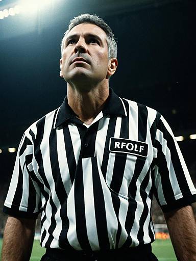 Dramatic Low Angle Portrait of Man in Referee Costume at Sports Event