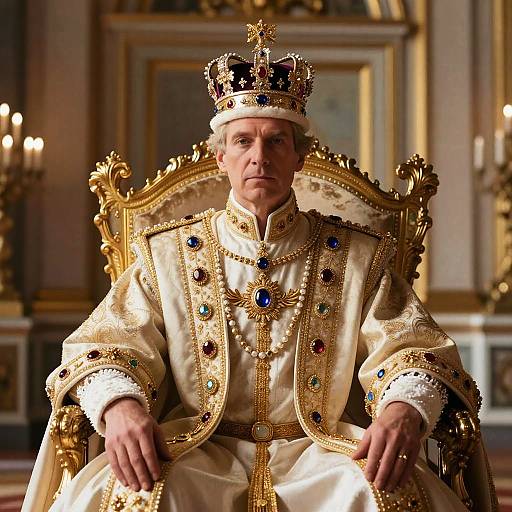Man in Regal Royal Costume Sitting on Golden Throne