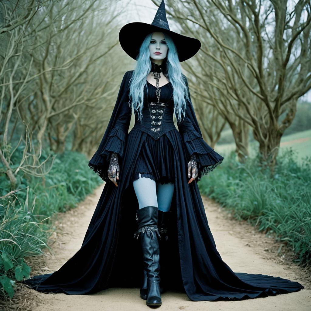 Gothic Witch Woman in Black Corset Dress with Blue Hair on Forest Path