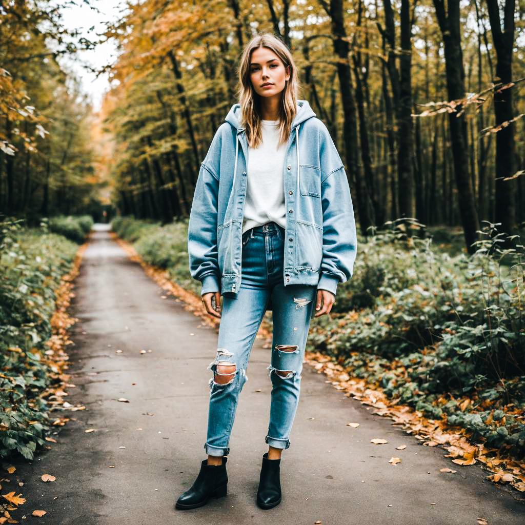 Stylish woman in trendy outfit on forest path