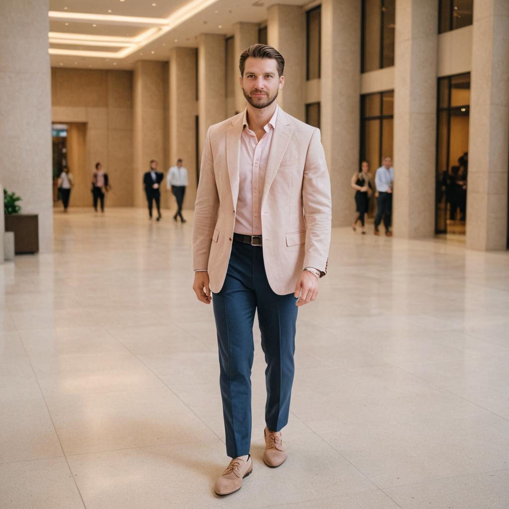 Confident Man in Smart Casual Outfit in Elegant Lobby