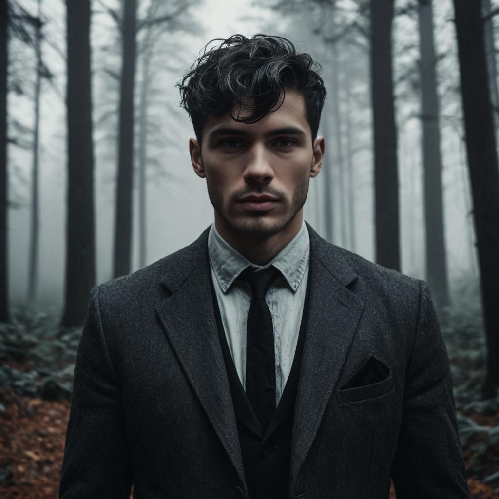 Young Man in Dark Suit in Misty Forest