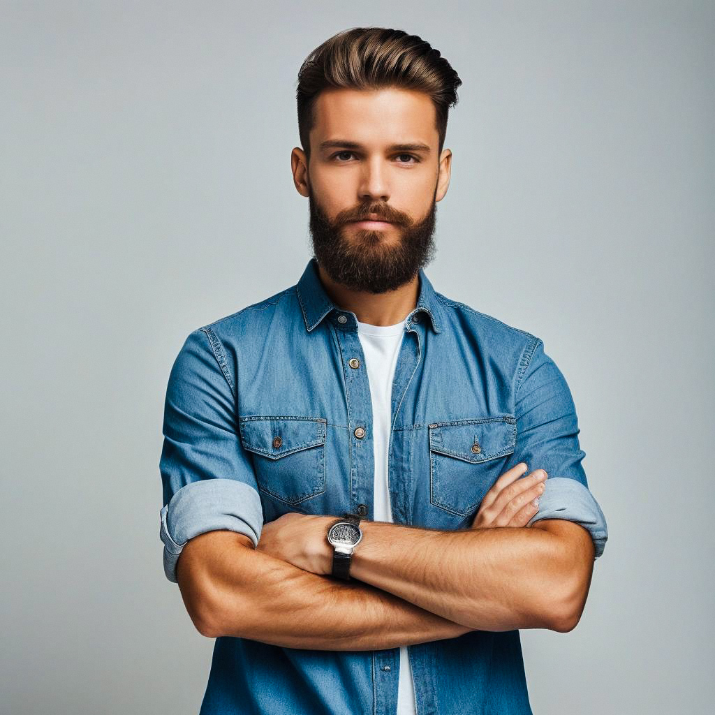 Confident young man in denim shirt