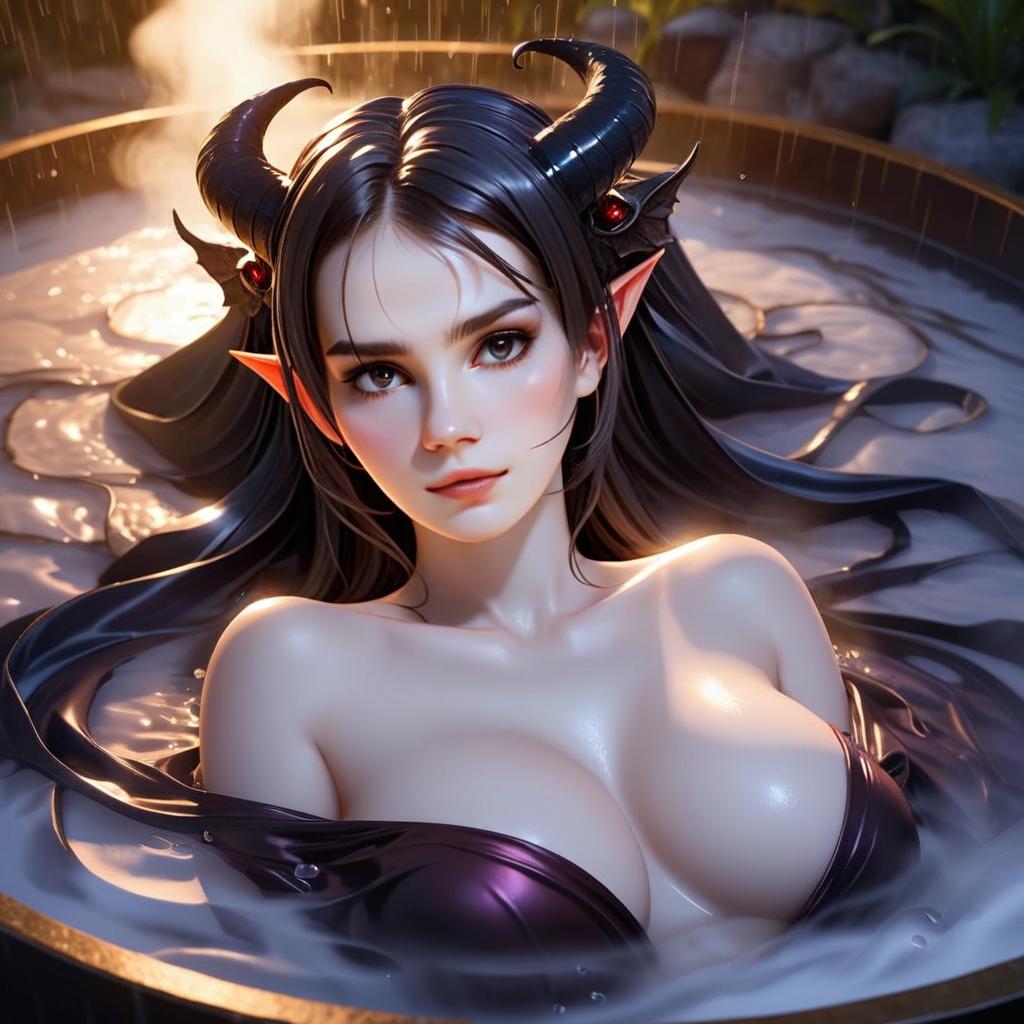 Fantasy Woman with Black Horns in Mystical Bath Digital Artwork