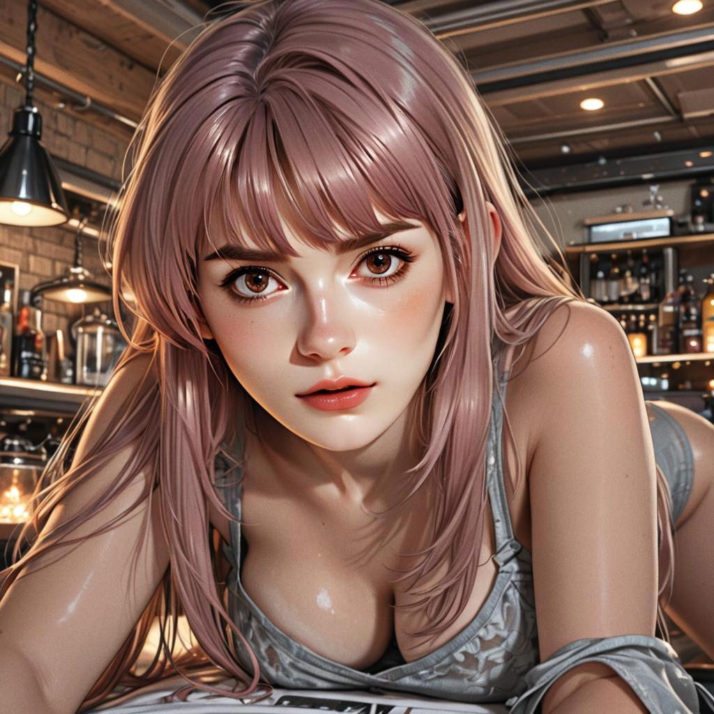 Hyper-Realistic Digital Illustration of a Woman with Pink Hair in a Bar Setting
