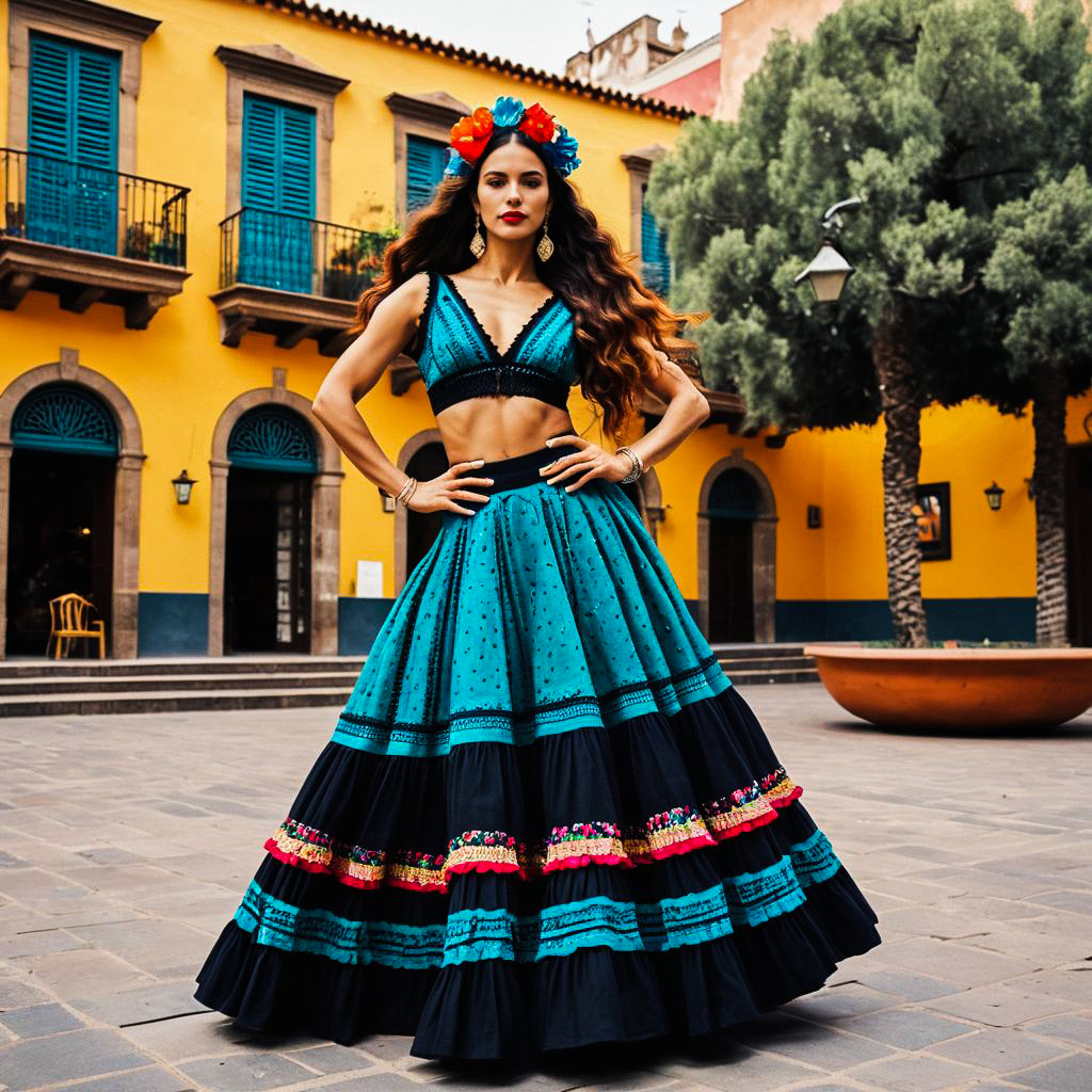 Confident Woman in Turquoise Traditional Skirt and Crop Top