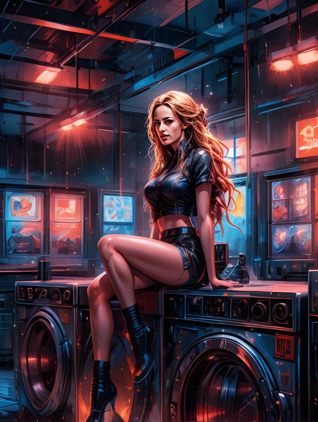 Cyberpunk Woman Sitting on Laundromat Washing Machines Neon Art