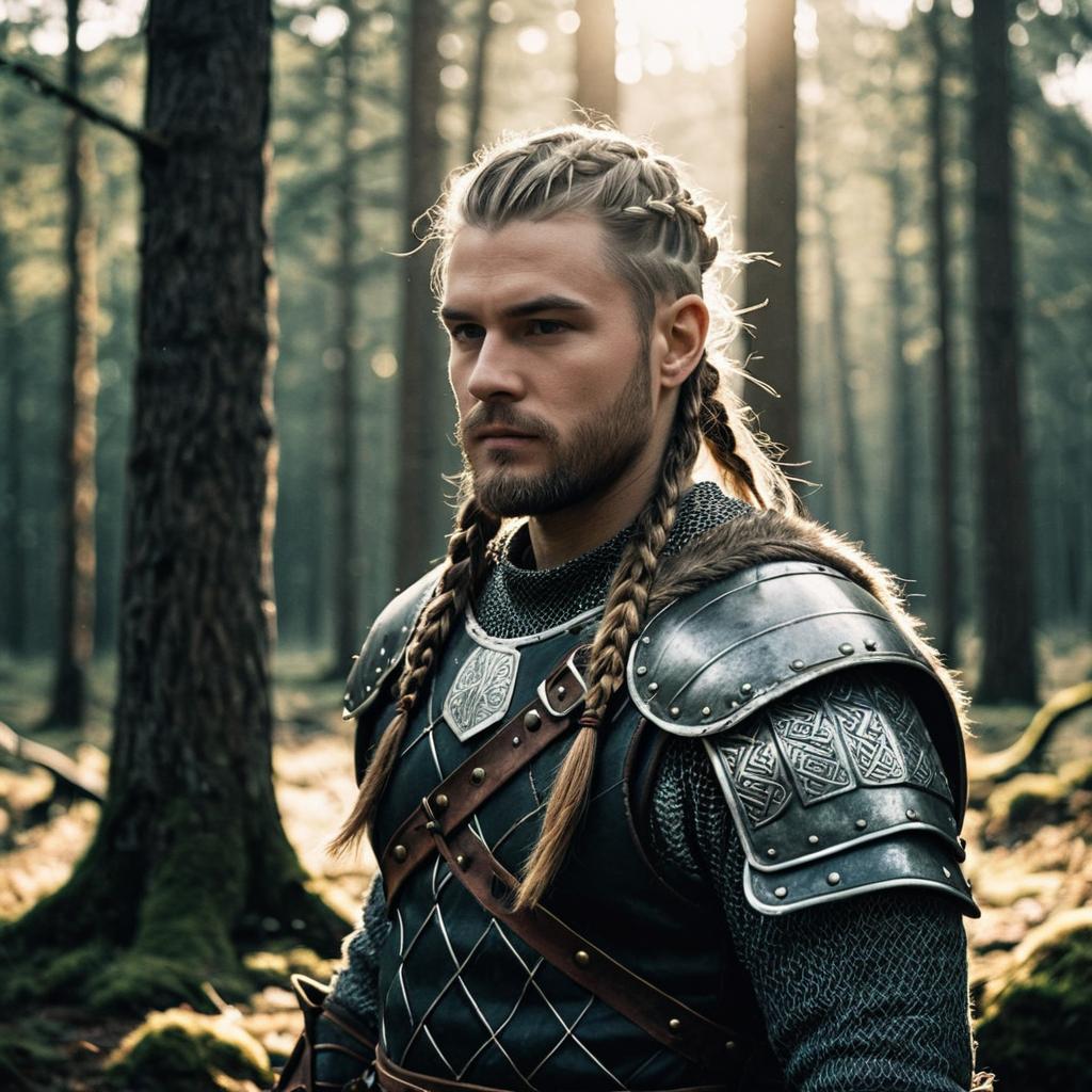 Medieval Viking Warrior Man in Armor with Braided Hair in Forest