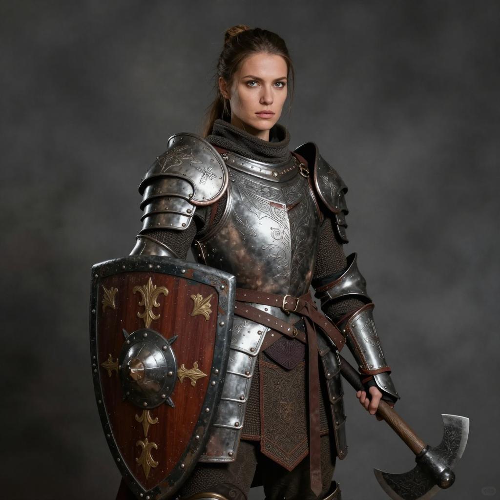 Medieval Woman Knight in Detailed Armor Holding Shield and Battle Axe