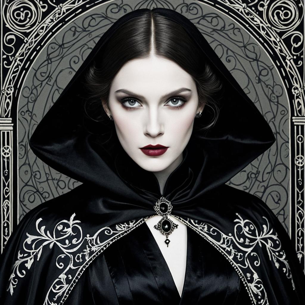 Gothic Woman in Black Embroidered Cloak with Dramatic Makeup