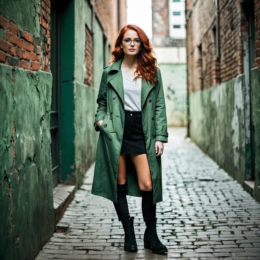 Fashionable Woman in Green Trench Coat Walking Through Cobblestone Alley