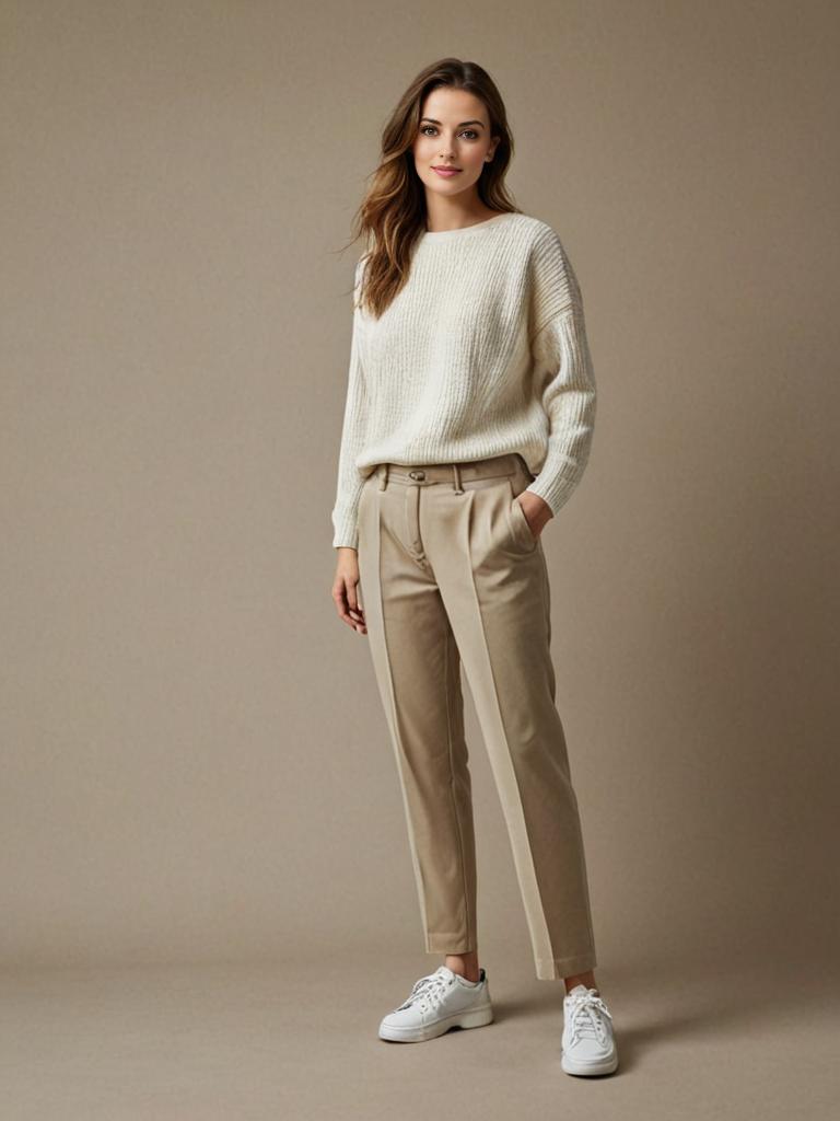 Woman in Cream Sweater and Tan Trousers