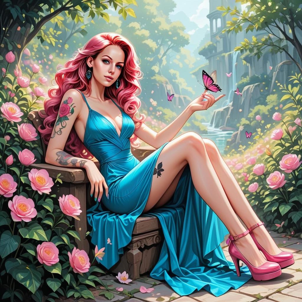Elegant Woman in Blue Dress with Pink Hair and Butterfly in Rose Garden
