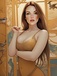 Elegant Woman in Golden Outfit with Ornate Background