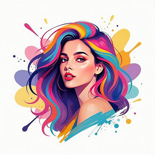 Colorful Digital Portrait of Woman with Neon Multicolor Hair in Pop Art Style