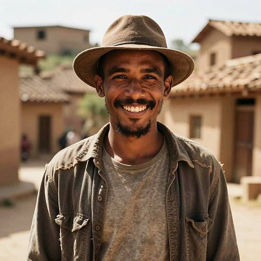 Smiling Man in Rustic Outdoor Setting Wearing Brown Fedora Hat