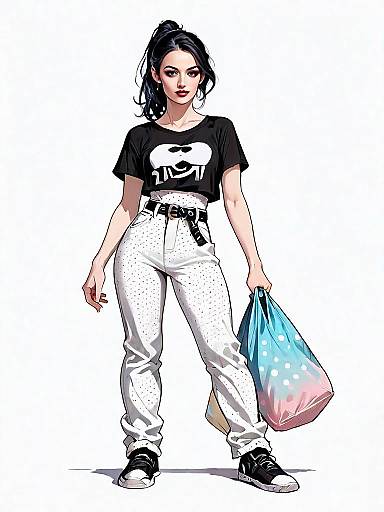 Realistic Comic Style Full Body Illustration of Woman in Casual Outfit with Shopping Bag