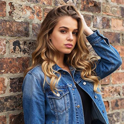 Young Woman in Denim Jacket Leaning on Brick Wall Gen Z Style