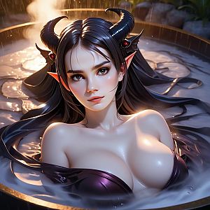 Fantasy Woman with Black Horns in Mystical Bath Digital Artwork