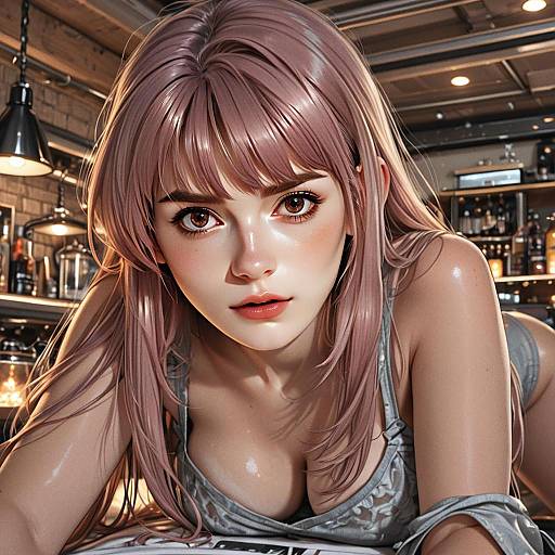 Hyper-Realistic Digital Illustration of a Woman with Pink Hair in a Bar Setting