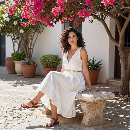 Woman in White Dress Sitting Under Bougainvillea Tree on Stone Bench