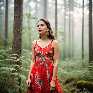 Woman in Red Floral Dress in Serene Forest