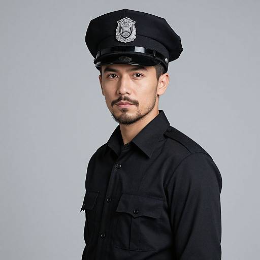 Portrait of Young Man in Black Police Uniform and Cap