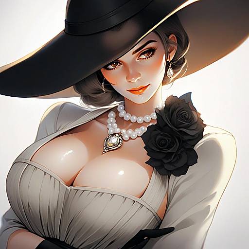 Alcina Dimitrescu Elegant Anime Woman in Black Hat and Pearls