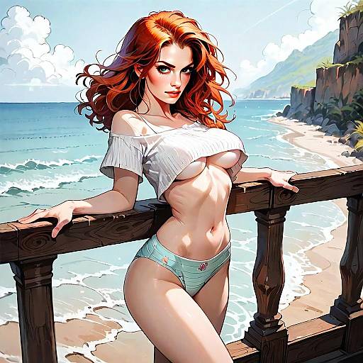 Red-Haired Woman in Comic Style by the Beach Balcony