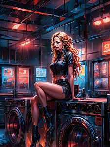 Cyberpunk Woman Sitting on Laundromat Washing Machines Neon Art