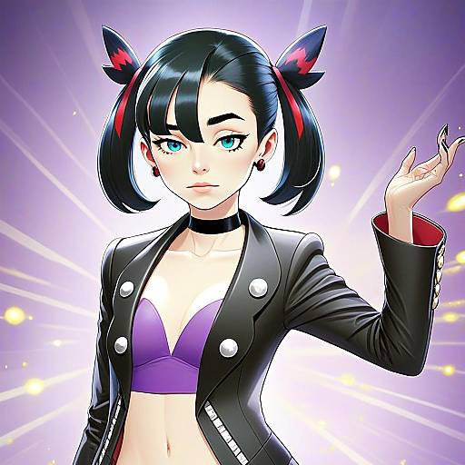 Stylish Anime Girl with Black Pigtails and Purple Bralette