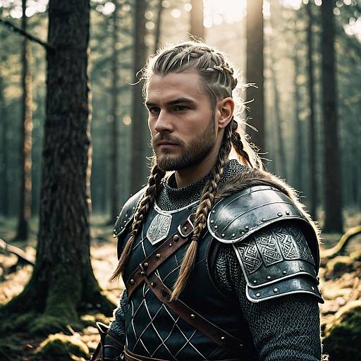 Medieval Viking Warrior Man in Armor with Braided Hair in Forest