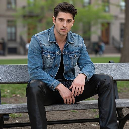 Young Man in Denim Jacket and Leather Pants Sitting on Park Bench