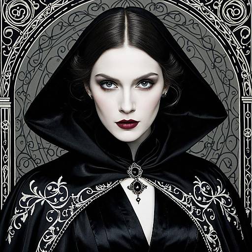 Gothic Woman in Black Embroidered Cloak with Dramatic Makeup