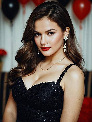 Glamorous Woman in All Black Birthday Outfit with Red Lipstick and Jewelry
