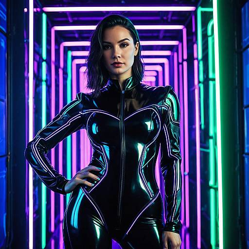 Futuristic Woman in Neon-Lit Cyberpunk Bodysuit