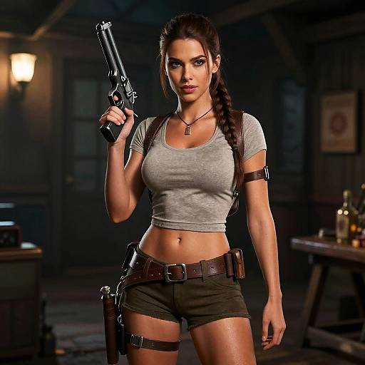 Lara Croft Fancy Dress Woman with Gun in Dark Room