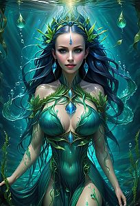 Mystical Underwater Fantasy Woman in Elegant Green and Blue Costume