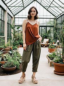 Woman in Casual Outfit Standing in Greenhouse with Potted Plants