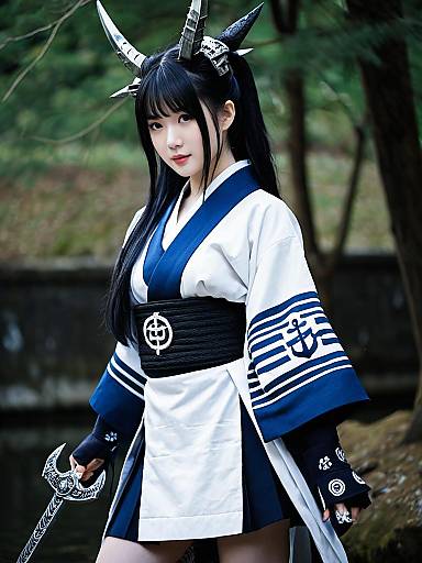 Ancient Destroyer Oni Woman in Traditional Japanese Cosplay Outfit with Horns