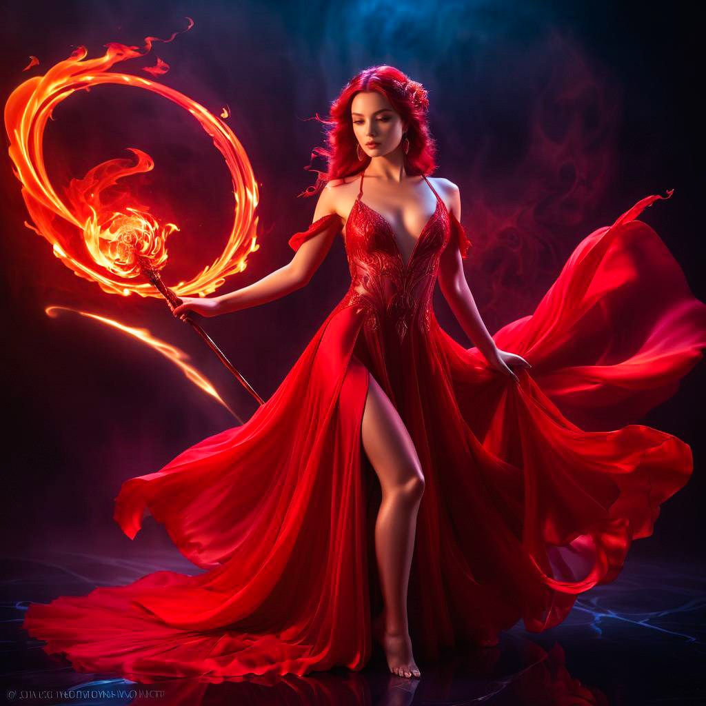 Enchanting Woman in Red Gown with Mystical Staff