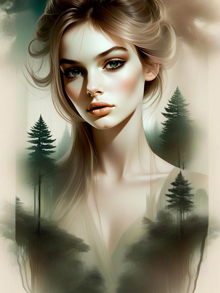 Close-up Portrait of a Young Woman with Stylized Trees