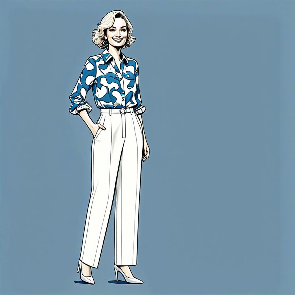 Fashion Illustration of Woman in Blue Patterned Blouse and White Trousers