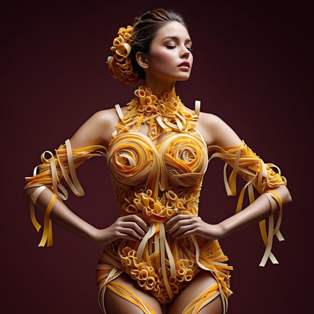 Model in Artistic Pasta Outfit - Edible Fashion