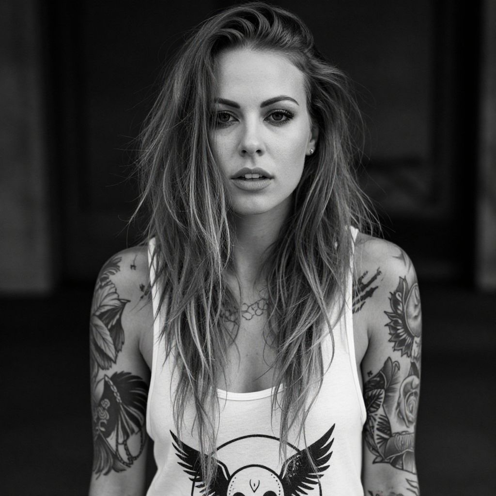 Black and White Portrait of Tattooed Woman with Long Hair in Graphic Tank Top