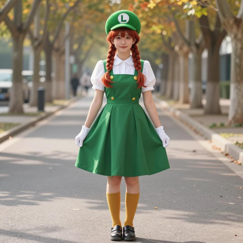 Young Woman in Green Retro Dress with L Beret on Autumn Street