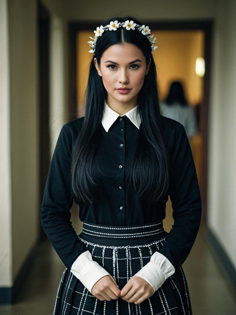 Elegant Woman in Black and White Costume with Floral Headband