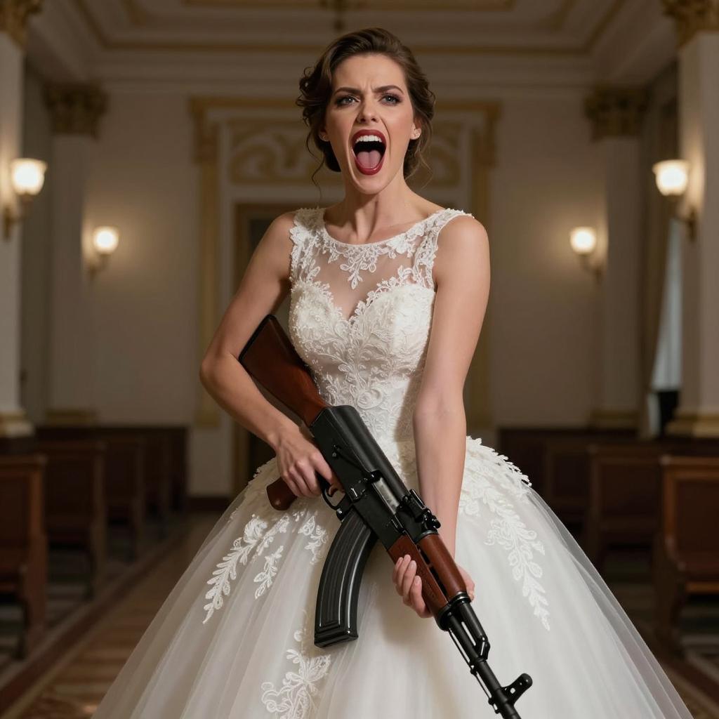 Woman in Wedding Dress Holding Assault Rifle in Ornate Interior
